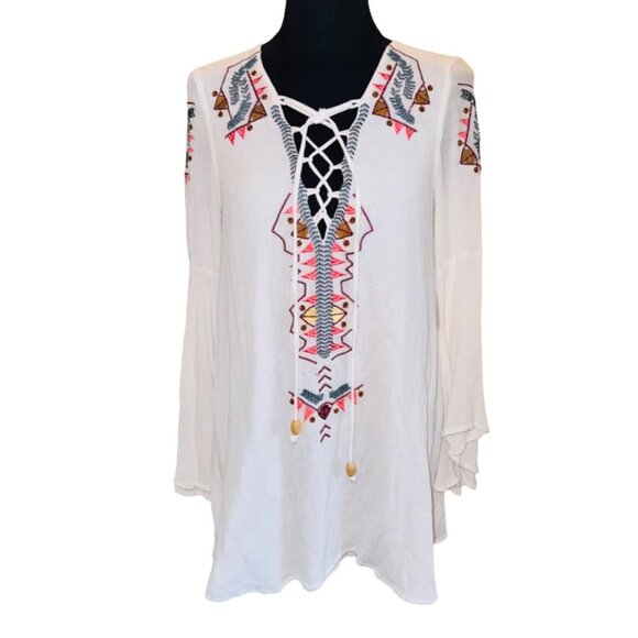 Lulus My Bell-Loved Ivory Embroidered Shift Tunic Top Peasant S Boho Cottage Cor - Picture 1 of 15